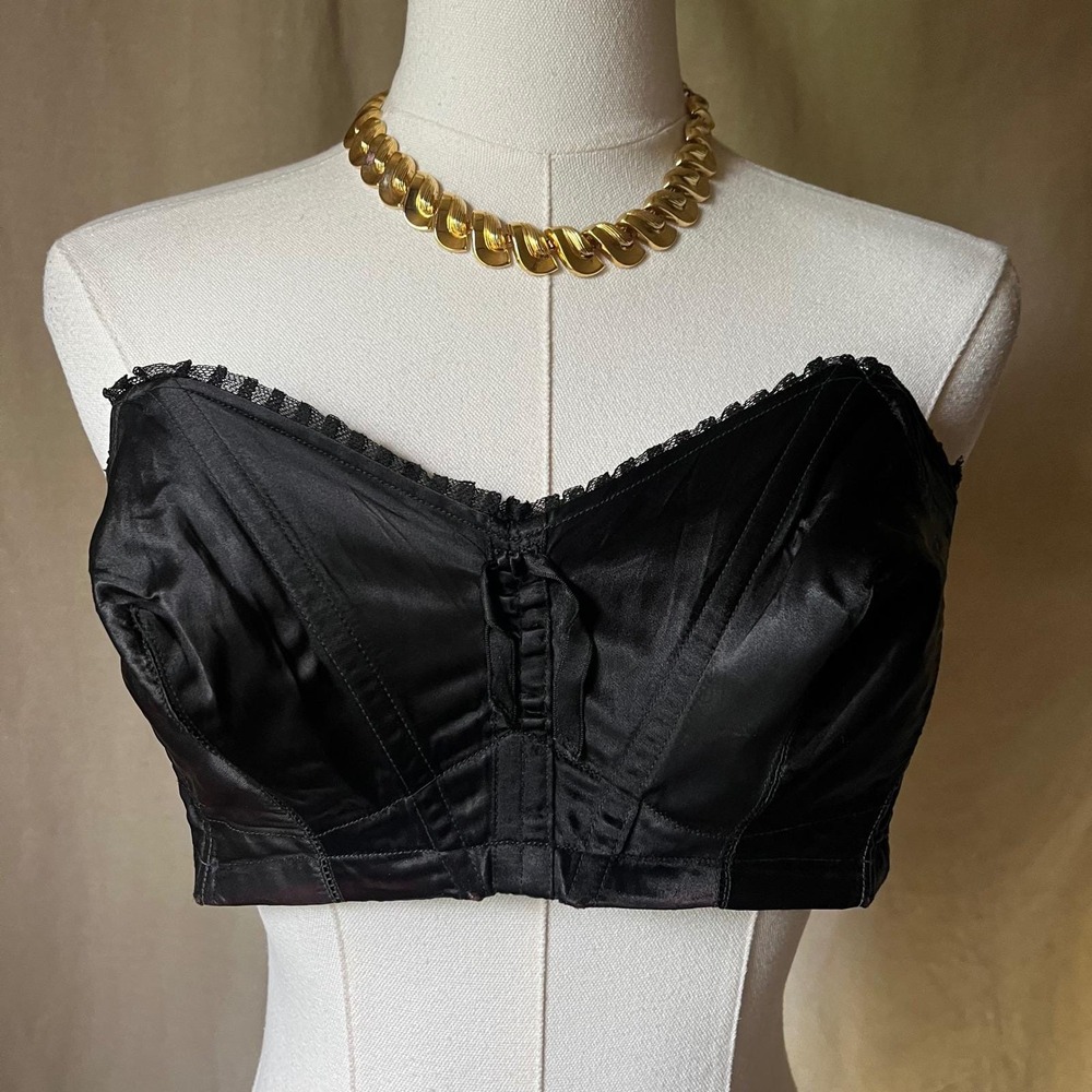 Vintage Exquisite Form Longline Bullet Bra Black Satin 36B Pin‎ Up Lingerie